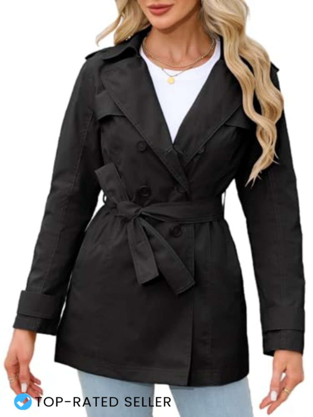 Double-Breasted Crop Trench Coat Belted Epaulets Notch Lapel